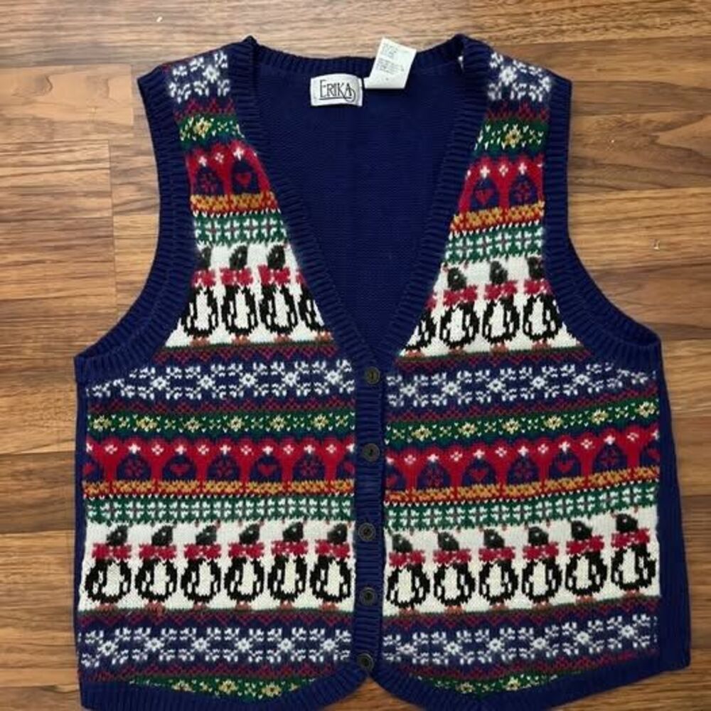Erika Penguin Holiday Knit Sweater Vest Size Medium